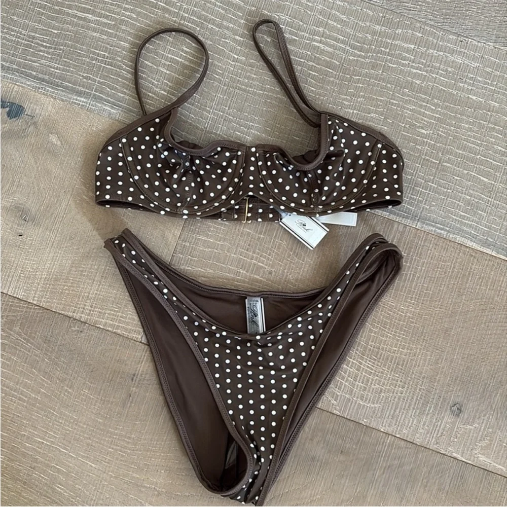 Frankie's Bikinis x PINK Brown Polka Dot Bikini Set